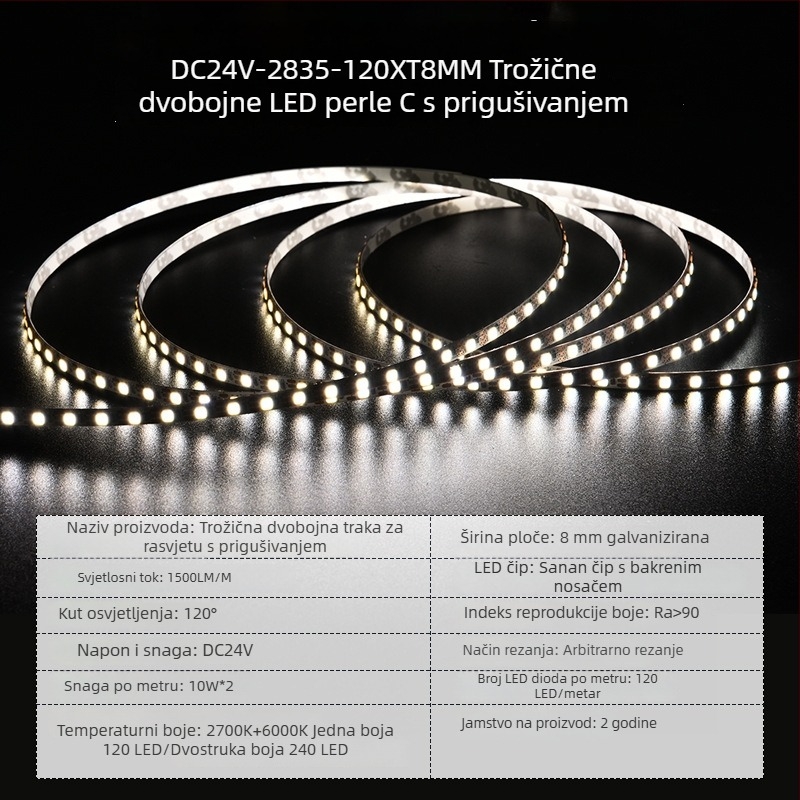 LED traka niskonaponska 24V, širina 5 mm, promjenjiva boja, 120 LED/m, samoljepljiva, unutarnja rasvjeta, trobojno dimiranje