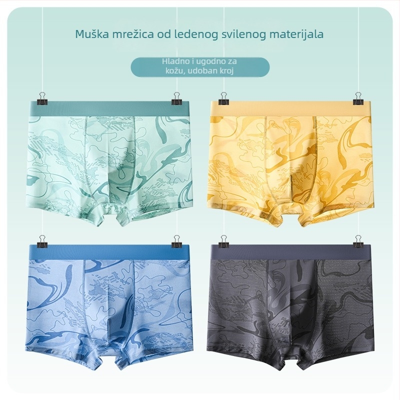 Muške boxerice Ice Silk od poliestera, srednji pojas, prozračne, 7A antibakterijska obrada, geometrijski uzorak, ljeto