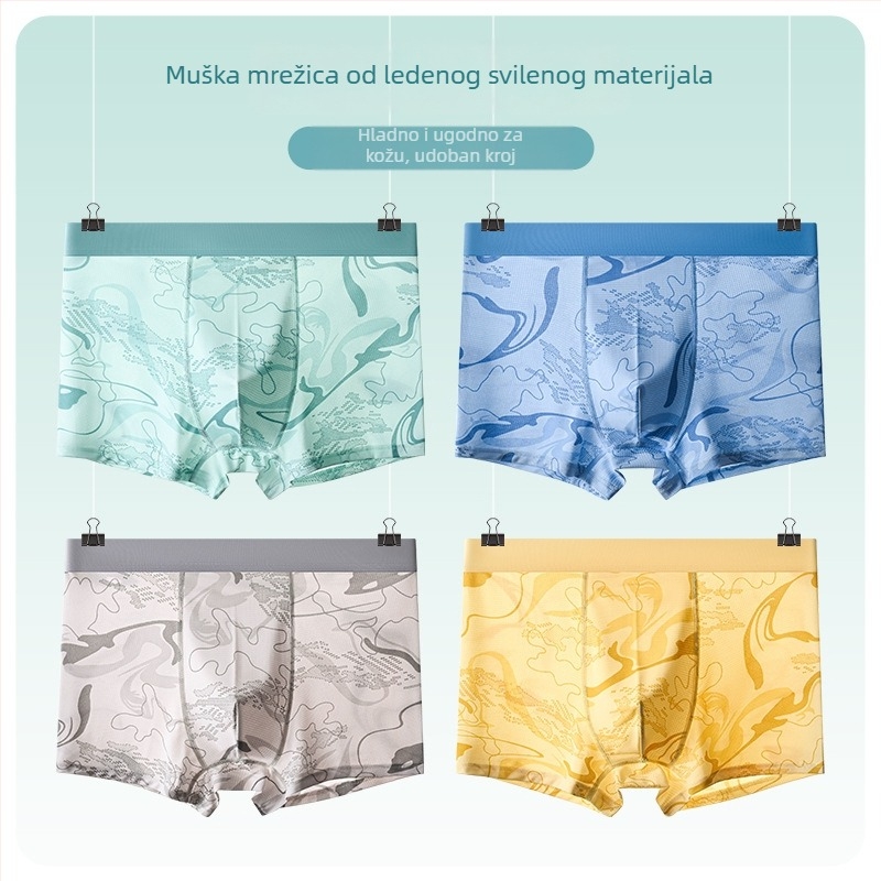 Muške boxerice Ice Silk od poliestera, srednji pojas, prozračne, 7A antibakterijska obrada, geometrijski uzorak, ljeto