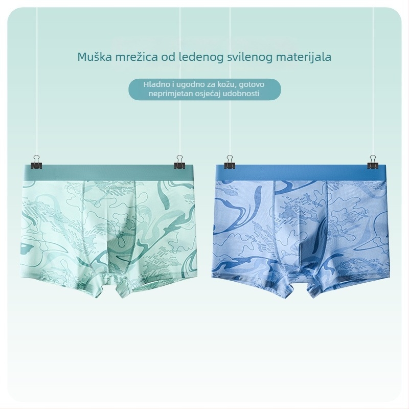 Muške boxerice Ice Silk od poliestera, srednji pojas, prozračne, 7A antibakterijska obrada, geometrijski uzorak, ljeto