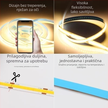 COB LED traka 12V/24V, izuzetno tanka i fleksibilna, bez svjetlosnih mrlja, 320 LED, širina 8 mm, 10 W, nije dimibilna, za garderobe