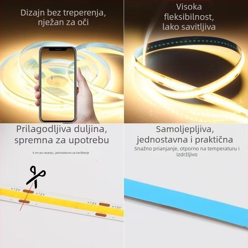COB LED traka 12V/24V, izuzetno tanka i fleksibilna, bez svjetlosnih mrlja, 320 LED, širina 8 mm, 10 W, nije dimibilna, za garderobe