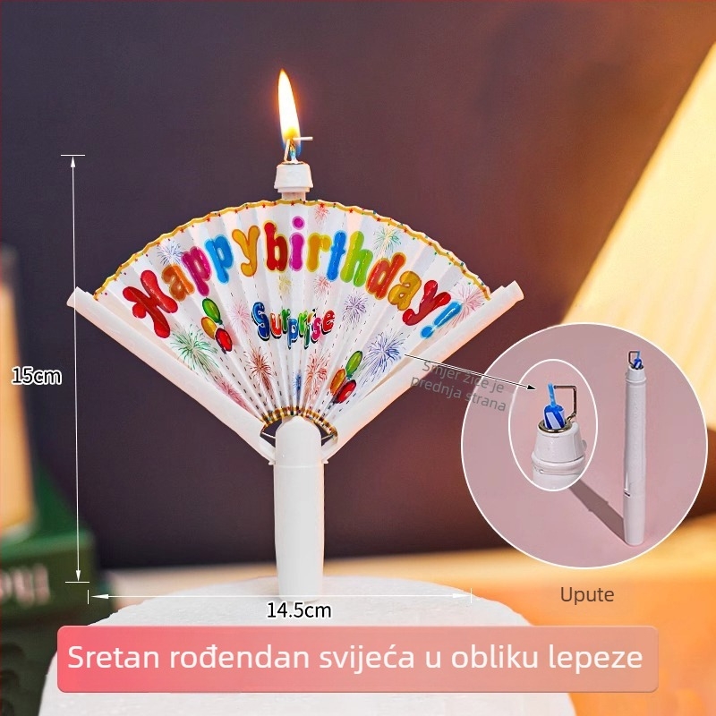 Rođendanska svijeća u obliku fan‑a s otvarajućim dizajnom, inspirirana pečenjem, automatizirana iznenađenja i poruke blagoslova za dekoraciju zabave