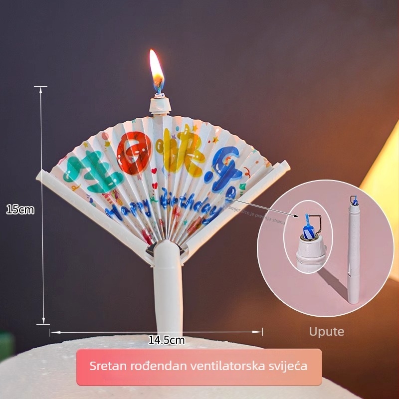 Rođendanska svijeća u obliku fan‑a s otvarajućim dizajnom, inspirirana pečenjem, automatizirana iznenađenja i poruke blagoslova za dekoraciju zabave