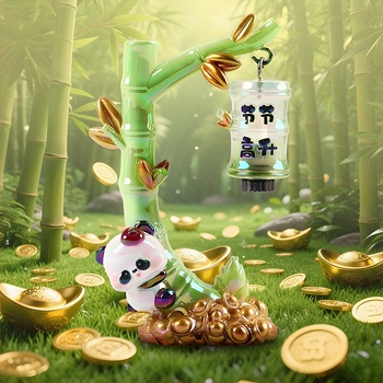Slatka panda u šumi bambusa, na ljuljački — figurica od smole za stolni dekor kod kuće i u uredu