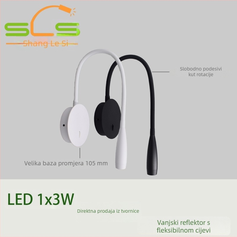 LED zidna lampa s fleksibilnim vratom za čitanje, aluminijsko kućište, bez bušenja, moderan dizajn