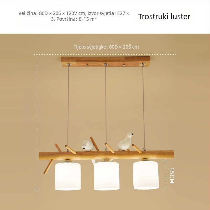 Skandinavski moderan jednostavni drveni viseći luster za blagovaonu, LED motiv ptice, japanski stil