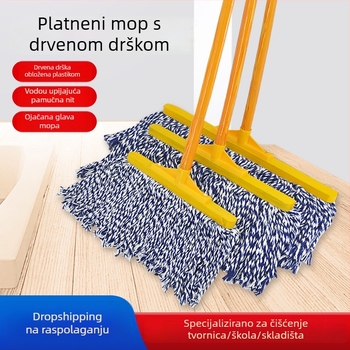 Mop za pod s drvenom drškom od drveta i pamukovim vlaknom, plavo-bijeli konac, velika veličina, za komercijalno čišćenje