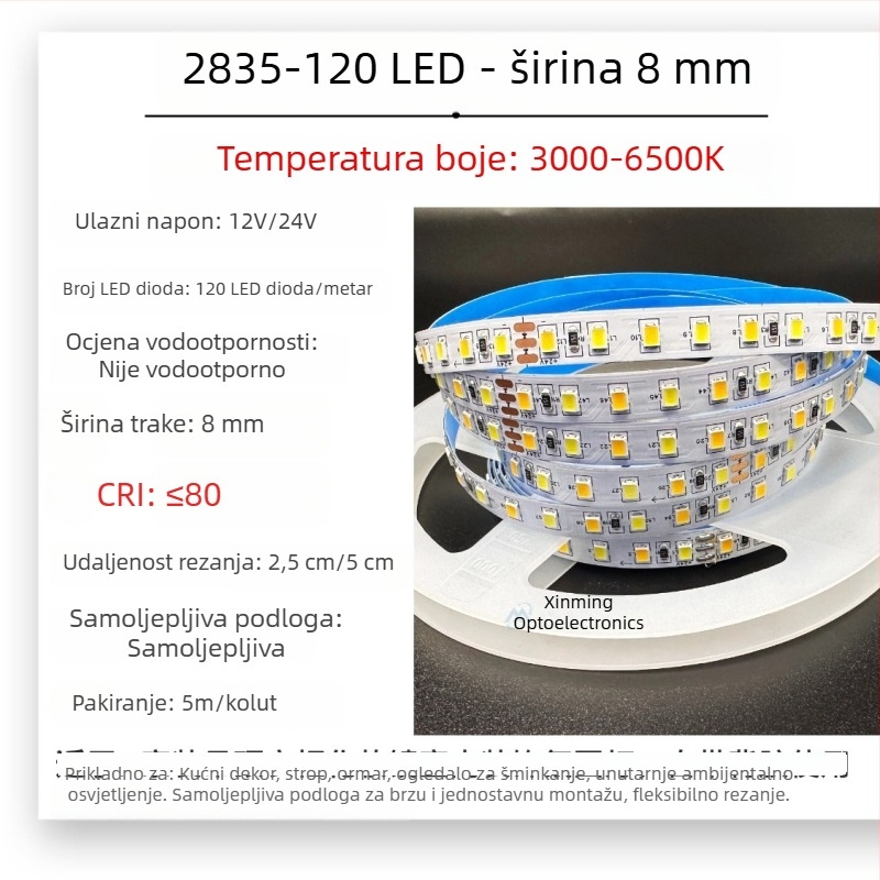 2835 LED trak s dvotemperaturnim rasvjetom, 12V/24V, regulirano atmosfersko osvjetljenje za garderobu i ogledalo za šminkanje