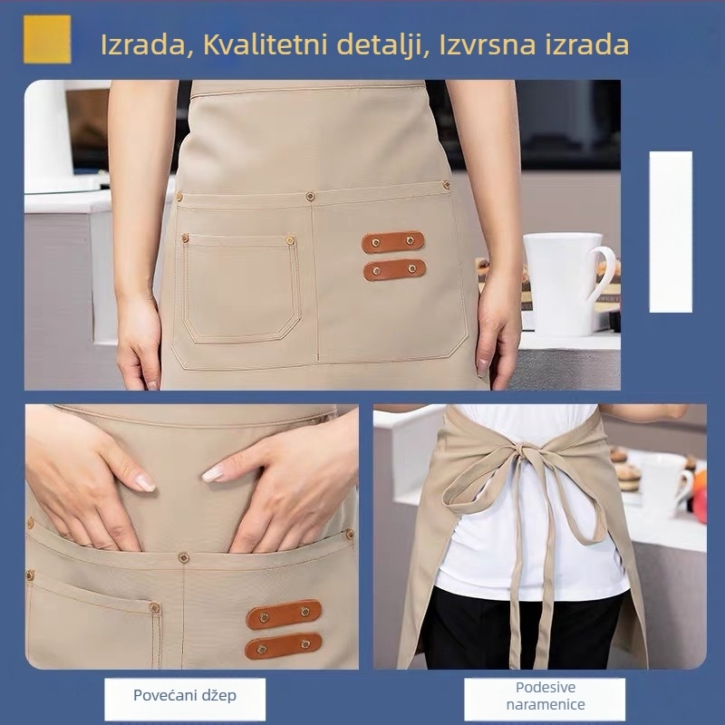 Polu-dolga pregača za osoblje restorana i hotela, unisex, bez rukava, moderni minimalistički stil s otisnutim logom
