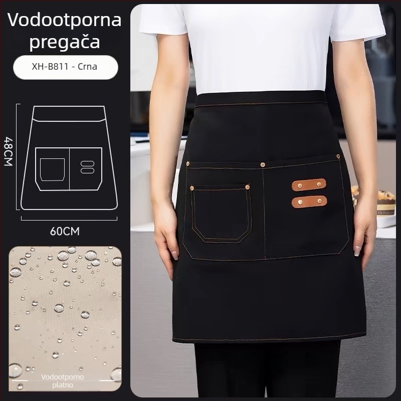 Polu-dolga pregača za osoblje restorana i hotela, unisex, bez rukava, moderni minimalistički stil s otisnutim logom