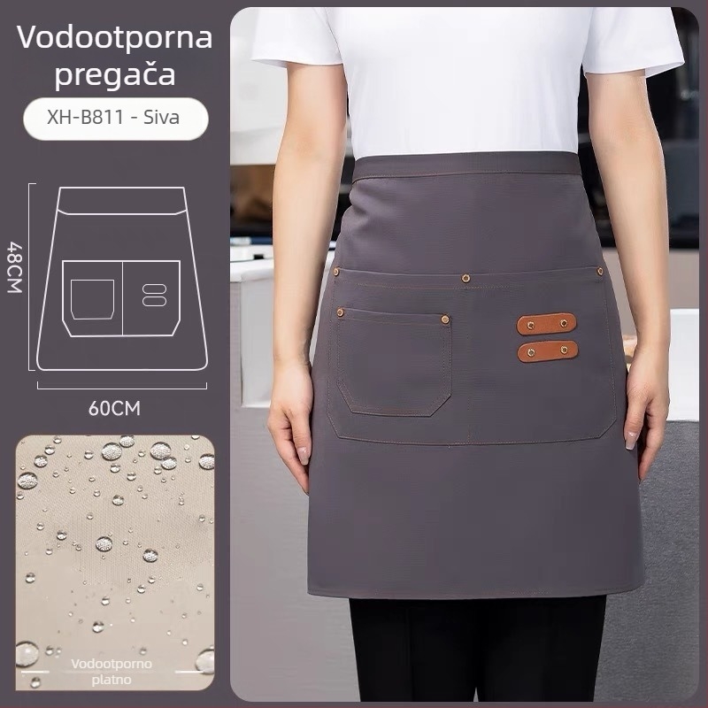 Polu-dolga pregača za osoblje restorana i hotela, unisex, bez rukava, moderni minimalistički stil s otisnutim logom