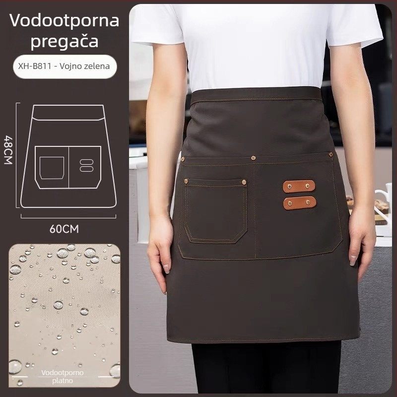 Polu-dolga pregača za osoblje restorana i hotela, unisex, bez rukava, moderni minimalistički stil s otisnutim logom