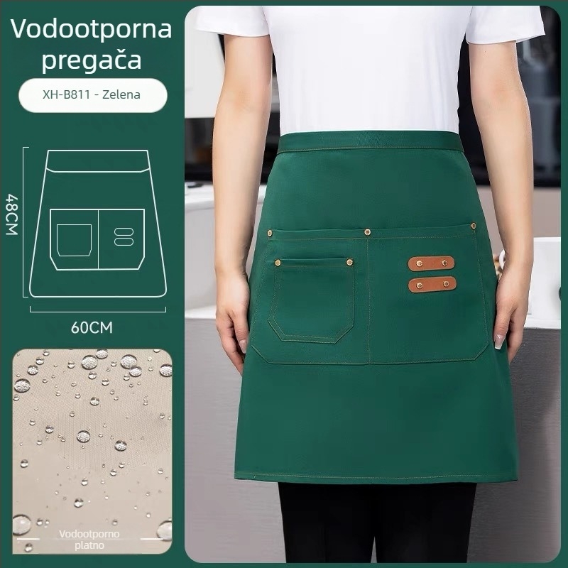 Polu-dolga pregača za osoblje restorana i hotela, unisex, bez rukava, moderni minimalistički stil s otisnutim logom