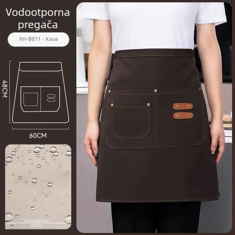 Polu-dolga pregača za osoblje restorana i hotela, unisex, bez rukava, moderni minimalistički stil s otisnutim logom