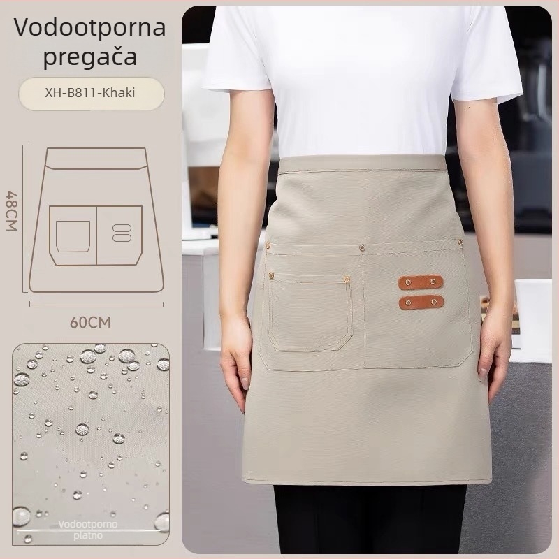 Polu-dolga pregača za osoblje restorana i hotela, unisex, bez rukava, moderni minimalistički stil s otisnutim logom