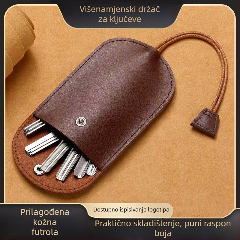 Futrola za ključe od prave kože s multifunkcionalnim skladišnim prostorom, tih, prenosivi kaiš za nošenje oko vrata s ugraviranim logotipom