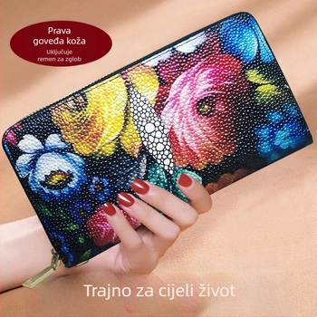 Ženski dugački novčanik od prave kože – torbica za ruku s velikim kapacitetom, višestruki pretinci za kartice, džep za telefon, retro reljefni uzorak