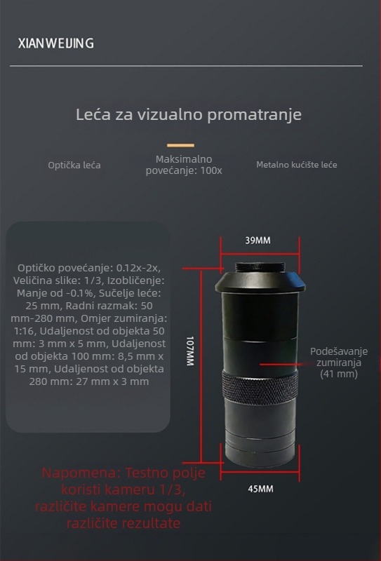 Lupa za vizualno promatranje, mikroskopski zoom objektiv visoke razlučivosti, 100x povećanje, radna udaljenost 300 mm