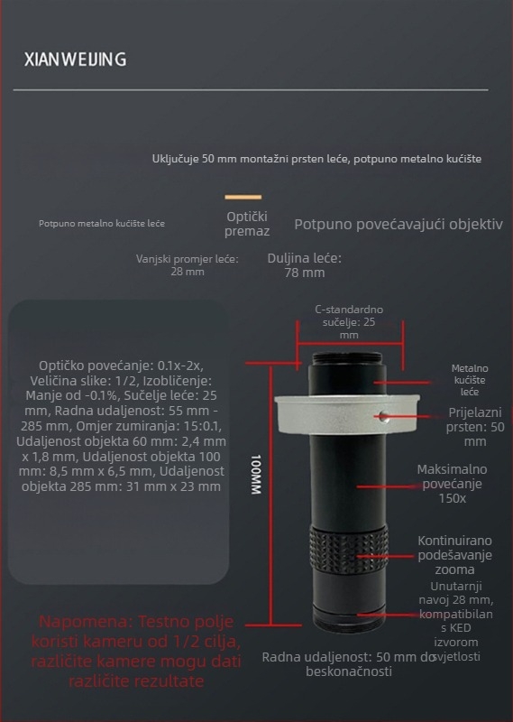 Lupa za vizualno promatranje, mikroskopski zoom objektiv visoke razlučivosti, 100x povećanje, radna udaljenost 300 mm