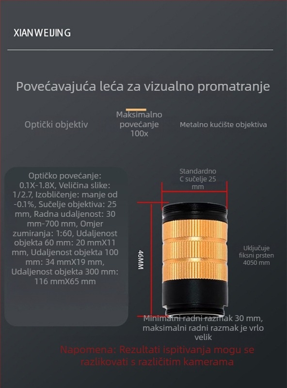 Lupa za vizualno promatranje, mikroskopski zoom objektiv visoke razlučivosti, 100x povećanje, radna udaljenost 300 mm