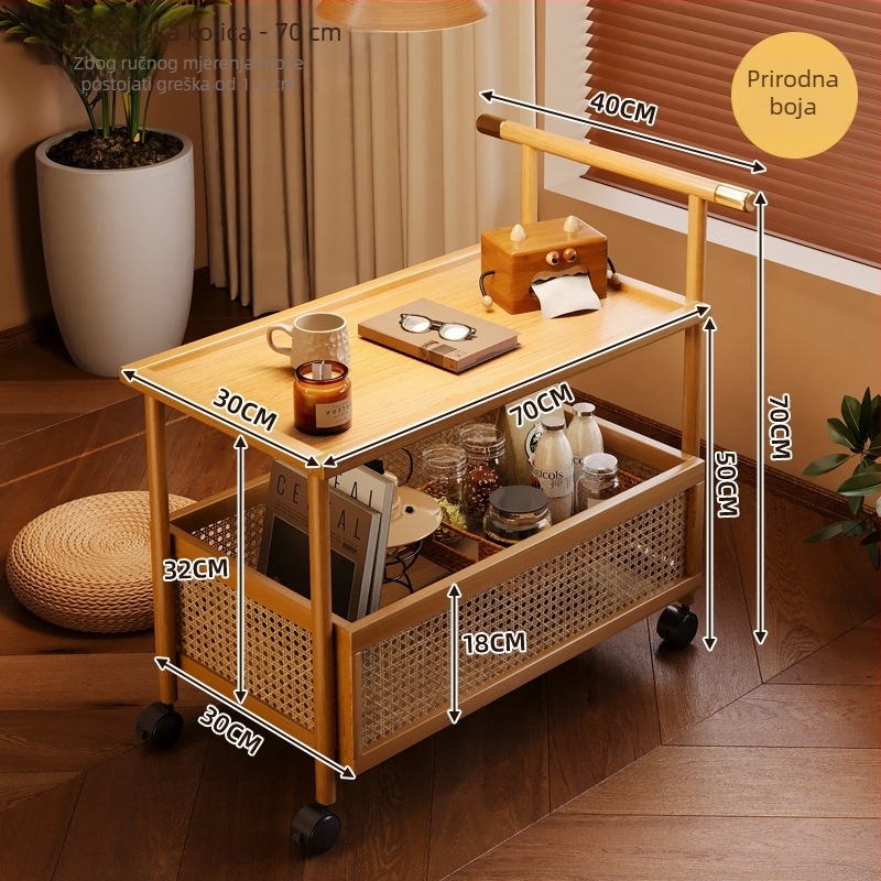 Dvaprotežno? dviju etaže podni stalak na kotačićima za dnevni boravak, organizator za grickalice od bambusa i drveta