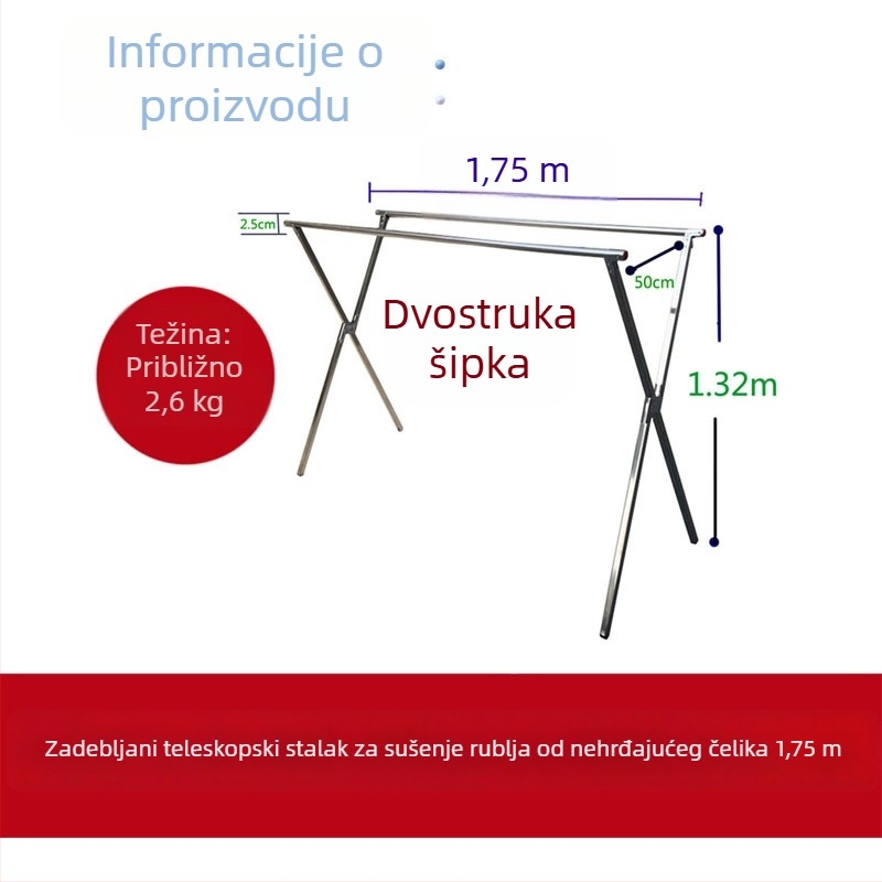 Potpuno čelični stojeći sušilac za odjeću, teleskopski i sklopivi, za unutarnju i vanjsku upotrebu