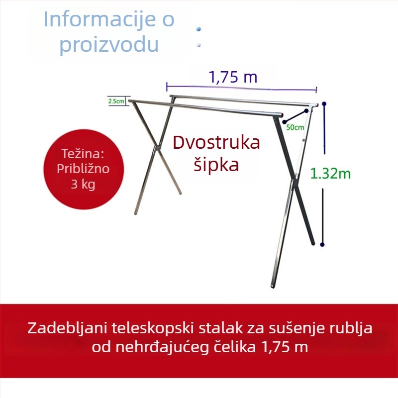 Potpuno čelični stojeći sušilac za odjeću, teleskopski i sklopivi, za unutarnju i vanjsku upotrebu