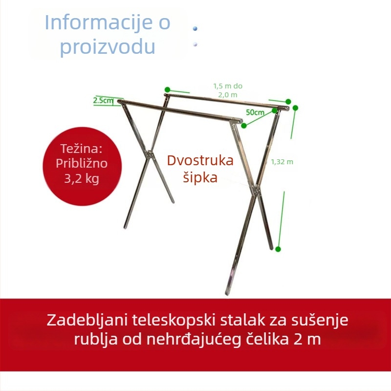 Potpuno čelični stojeći sušilac za odjeću, teleskopski i sklopivi, za unutarnju i vanjsku upotrebu