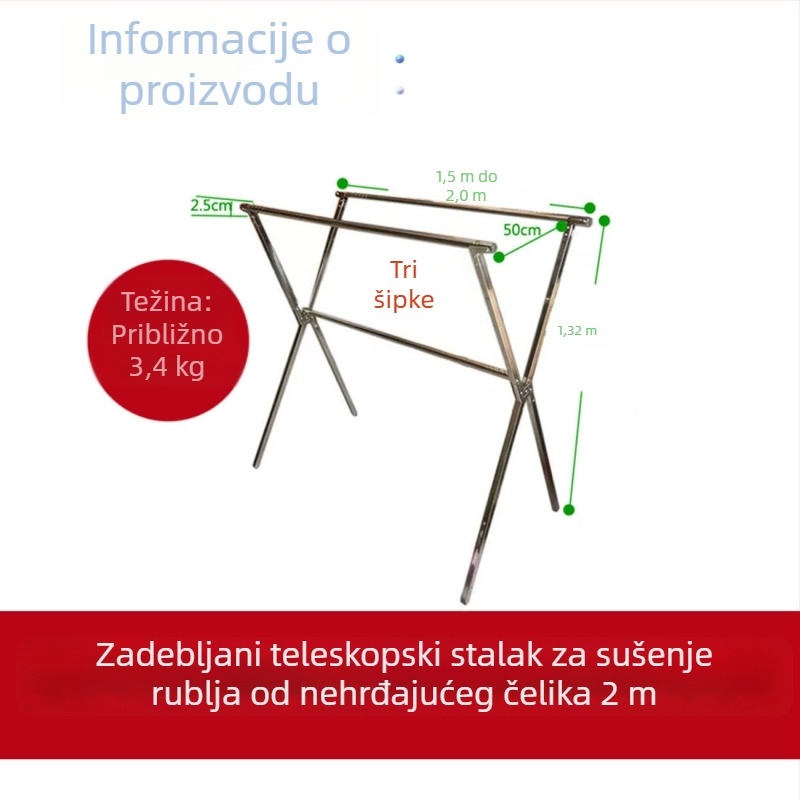 Potpuno čelični stojeći sušilac za odjeću, teleskopski i sklopivi, za unutarnju i vanjsku upotrebu