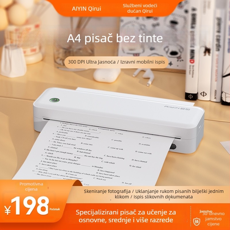 Qirui prijenosni termalni pisač za kućnu upotrebu, Bluetooth, A4, bežično printanje s telefona za učenike – vježbe grešaka bez tinte