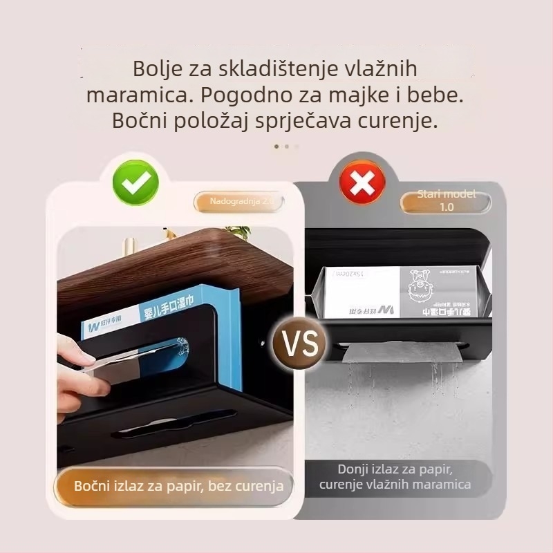 Držač za toaletni papir od orašastog drveta, bez bušenja, zidni organizator za papirne kutije u kupaonici