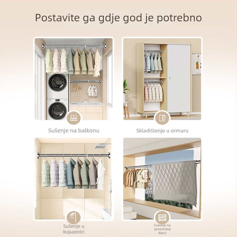 Nehrđajući čelični štap za sušenje odjeće za balkon, zidni fiksni tip, bez bušenja, proširiv, za kućnu uporabu