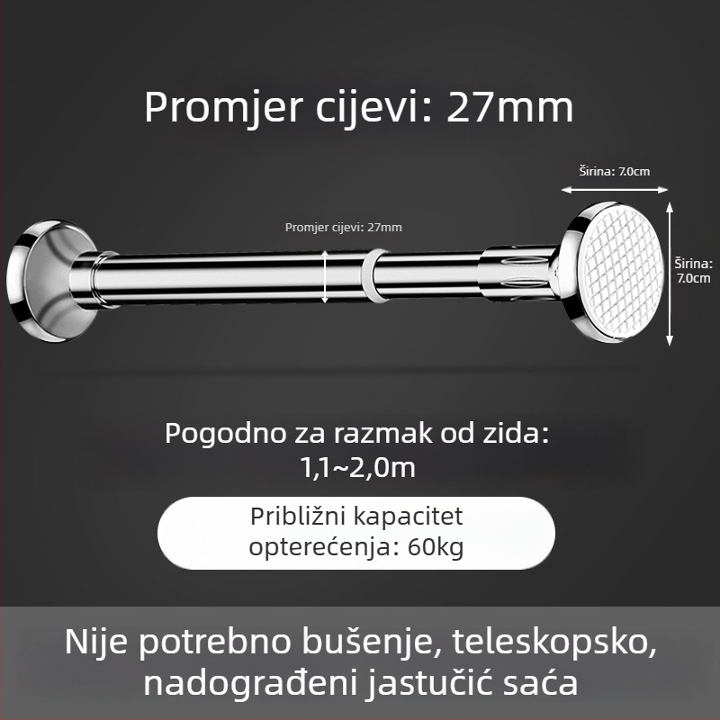 Nehrđajući čelični štap za sušenje odjeće za balkon, zidni fiksni tip, bez bušenja, proširiv, za kućnu uporabu