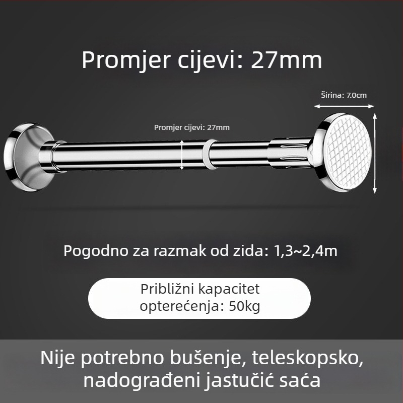 Nehrđajući čelični štap za sušenje odjeće za balkon, zidni fiksni tip, bez bušenja, proširiv, za kućnu uporabu