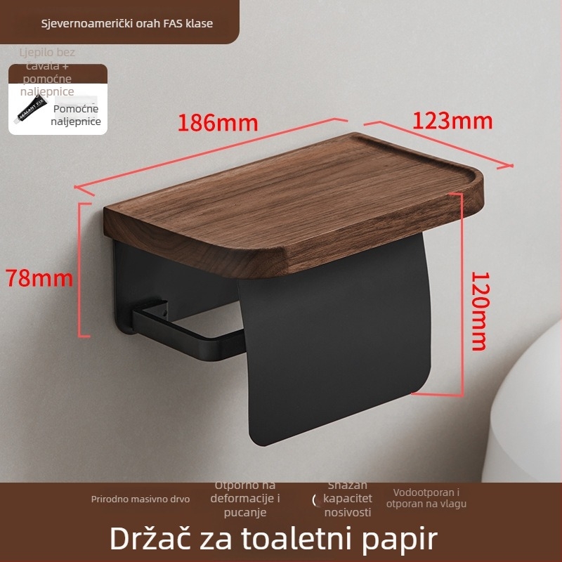 Kutija za maramice od crnog oraha, držač toaletnog papira, kupaonica, zidni bez bušenja