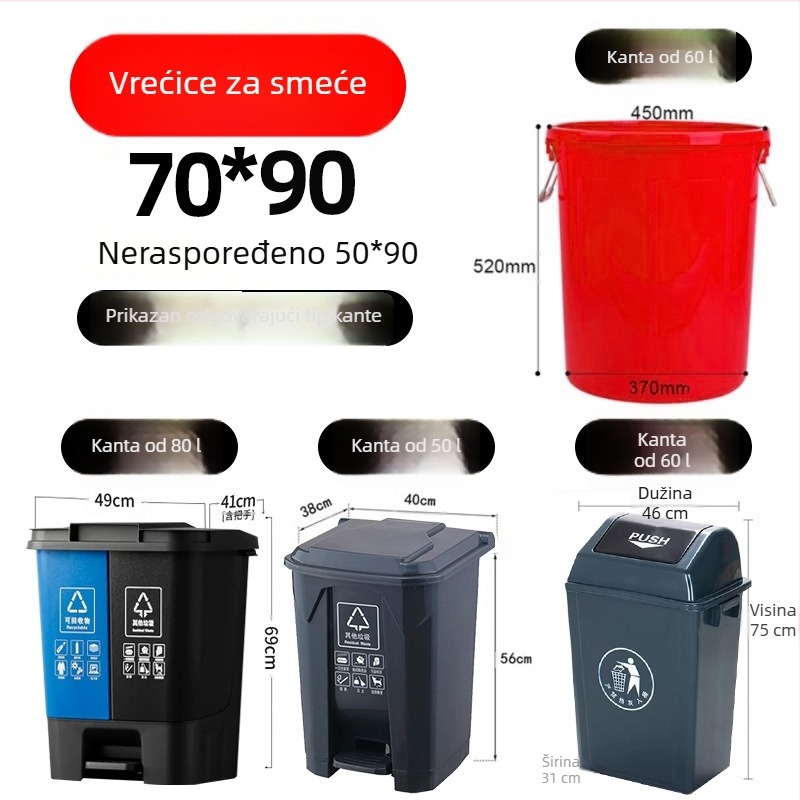 Velike crne vreće za otpad za komercijalnu upotrebu, debele, polietilen, ravnog otvora