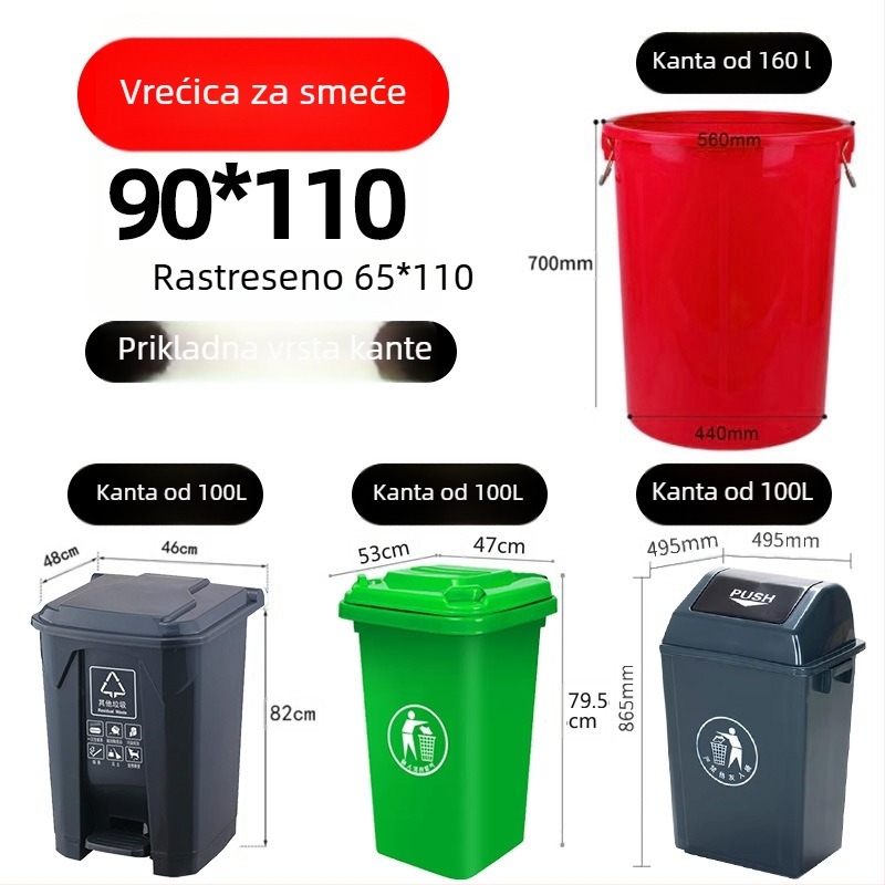 Velike crne vreće za otpad za komercijalnu upotrebu, debele, polietilen, ravnog otvora