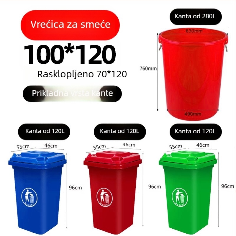 Velike crne vreće za otpad za komercijalnu upotrebu, debele, polietilen, ravnog otvora