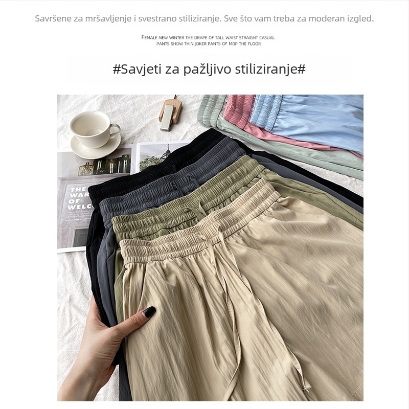 Svijetlozelene Yamamoto šortseve za žene, ice-silk materijal, visok pojas, široke nogavice, opušten stil, srednje duljine, ljeto 2026
