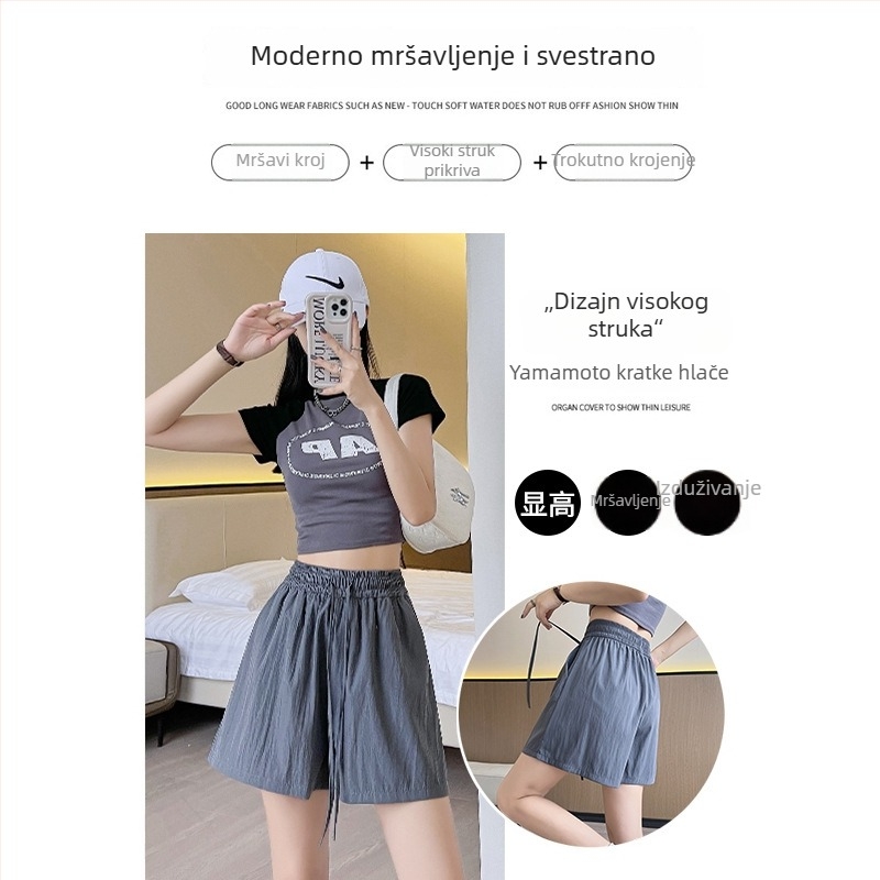 Svijetlozelene Yamamoto šortseve za žene, ice-silk materijal, visok pojas, široke nogavice, opušten stil, srednje duljine, ljeto 2026