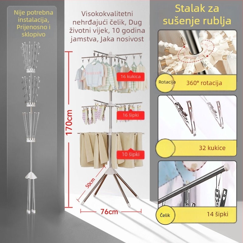 Nerđajući čelični stalak za sušenje dječje odjeće, unutarnja upotreba, podni stalak, sklopni, višenamjenski za pelene i ručnike