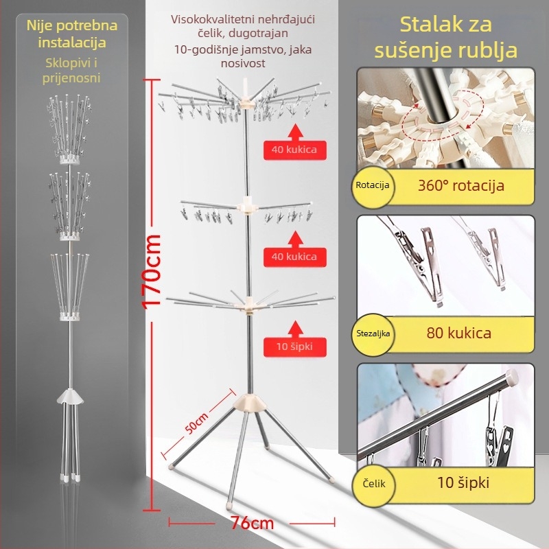 Nerđajući čelični stalak za sušenje dječje odjeće, unutarnja upotreba, podni stalak, sklopni, višenamjenski za pelene i ručnike