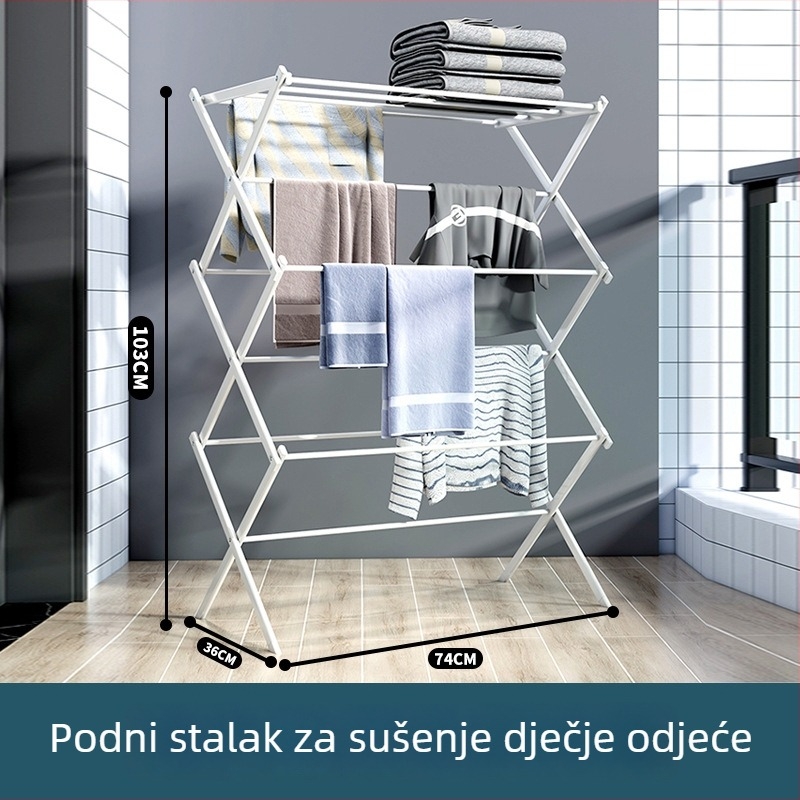 Nerđajući čelični stalak za sušenje dječje odjeće, unutarnja upotreba, podni stalak, sklopni, višenamjenski za pelene i ručnike