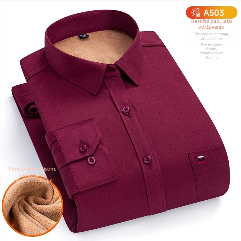 Muška uska poslovna košulja za jesen-zimu, topla i gusta tkanina, otporna na gužvanje, bez glačanja, dugi rukav, jednobojna, poslovni stil