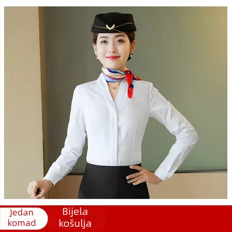 Ženska bijela košulja za stjuardese, prugasti uzorak, V-izrez, uski kroj, uniforma posade