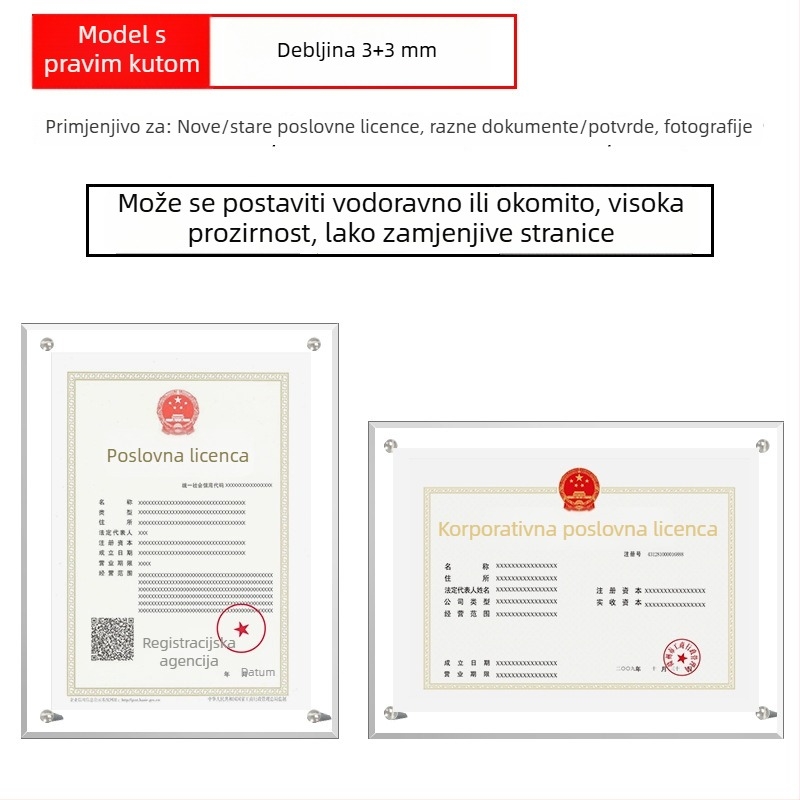Akrilni okvir za certifikate i medalje, dimenzije A4 i A3, horizontalni i vertikalni prikaz, prilagodljiva pločica ovlaštenja