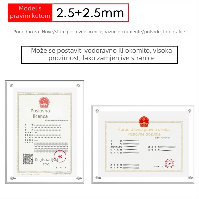 Akrilni okvir za certifikate i medalje, dimenzije A4 i A3, horizontalni i vertikalni prikaz, prilagodljiva pločica ovlaštenja