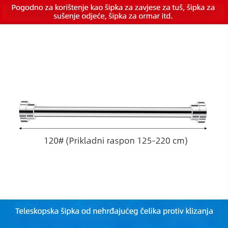 Nehrđava čelična teleskopna šipka za sušenje odjeće u kupaonici, šipka za zavjesu tuša i garderobu