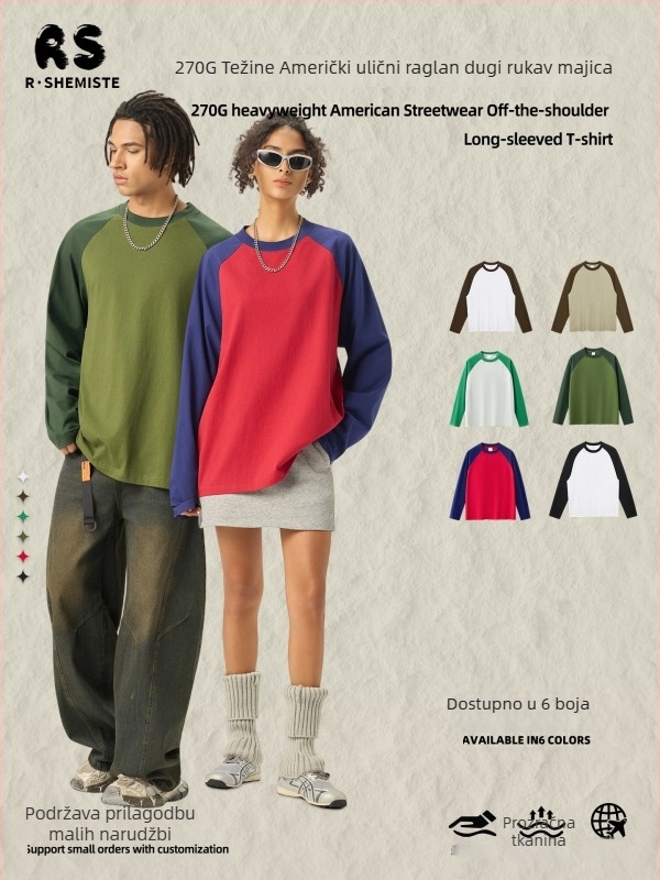 RS muška dugačka majica od 270 g pamuka, retro američki stil, raglan rukavi, okrugli izrez
